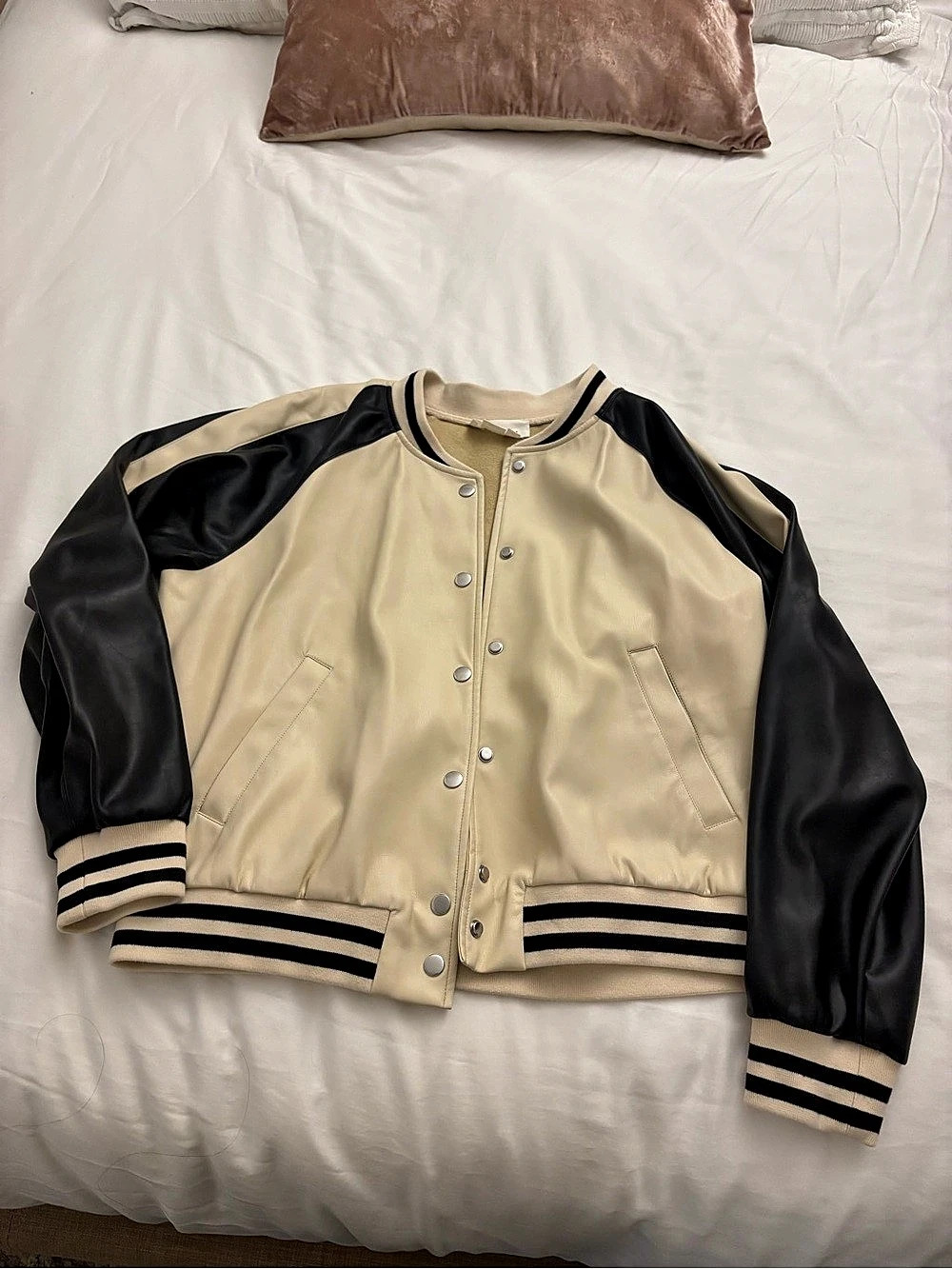 Anthropologie Color Block Varsity Jacket Cream & Black Size XL